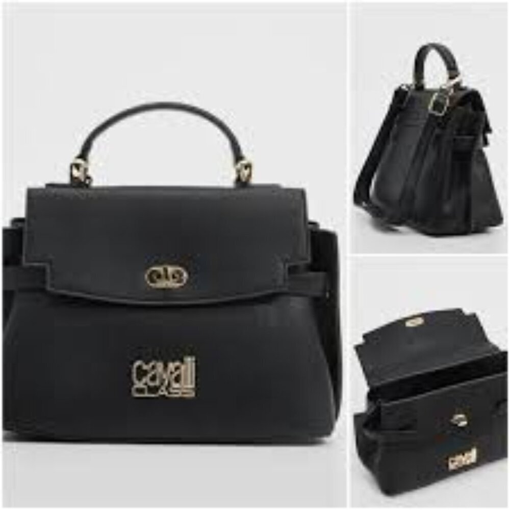 NWT- CAVALLI TATIANA LARGE BLACK POLISHED STRUCTURED BAG WITH TOP HANDLE - Picture 4 of 7